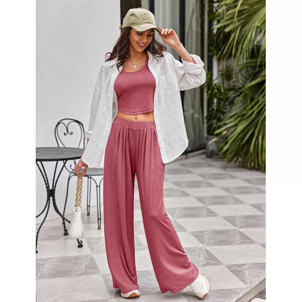 Ekouaer Womens 2 Piece Lounge Sets Ribbed Knit Crop Top Wide Leg Pants with Pockets SXXLShort Sleeve Old Rose