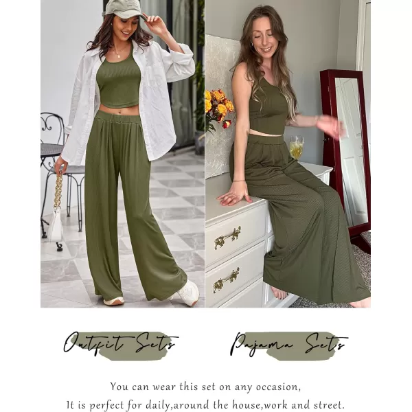 Ekouaer Womens 2 Piece Lounge Sets Ribbed Knit Crop Top Wide Leg Pants with Pockets SXXLSleeveless Army Green