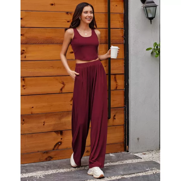 Ekouaer Womens 2 Piece Lounge Sets Ribbed Knit Crop Top Wide Leg Pants with Pockets SXXLSleeveless Burgundy