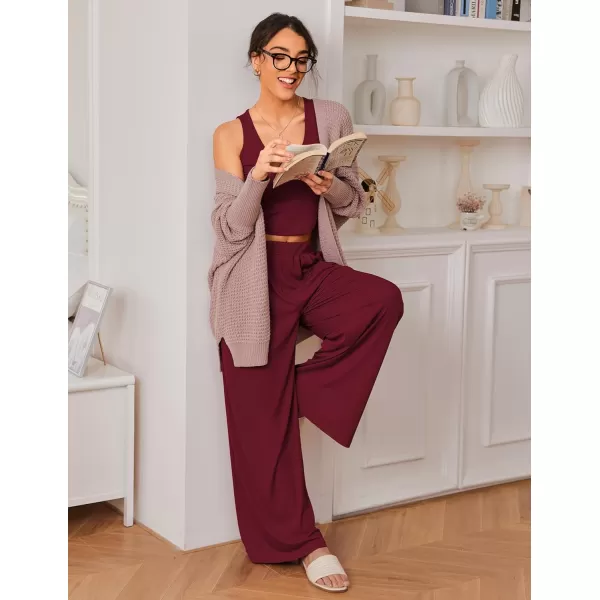 Ekouaer Womens 2 Piece Lounge Sets Ribbed Knit Crop Top Wide Leg Pants with Pockets SXXLSleeveless Burgundy