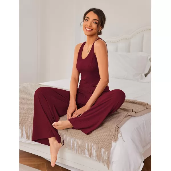 Ekouaer Womens 2 Piece Lounge Sets Ribbed Knit Crop Top Wide Leg Pants with Pockets SXXLSleeveless Burgundy