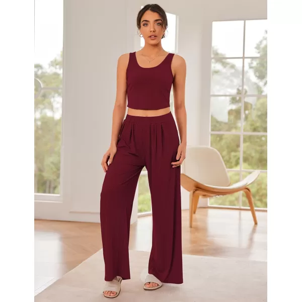 Ekouaer Womens 2 Piece Lounge Sets Ribbed Knit Crop Top Wide Leg Pants with Pockets SXXLSleeveless Burgundy