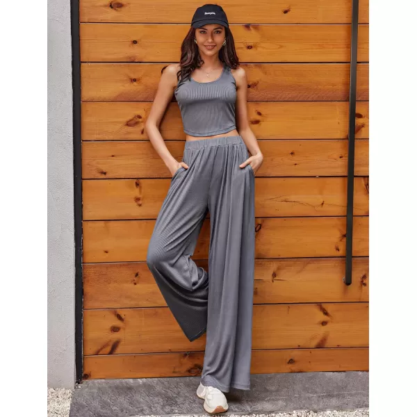 Ekouaer Womens 2 Piece Lounge Sets Ribbed Knit Crop Top Wide Leg Pants with Pockets SXXLSleeveless Dark Gray