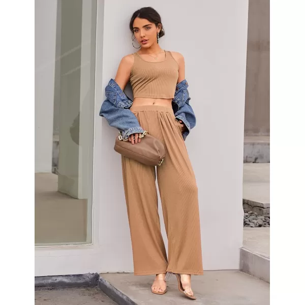 Ekouaer Womens 2 Piece Lounge Sets Ribbed Knit Crop Top Wide Leg Pants with Pockets SXXLSleeveless Dark Khaki