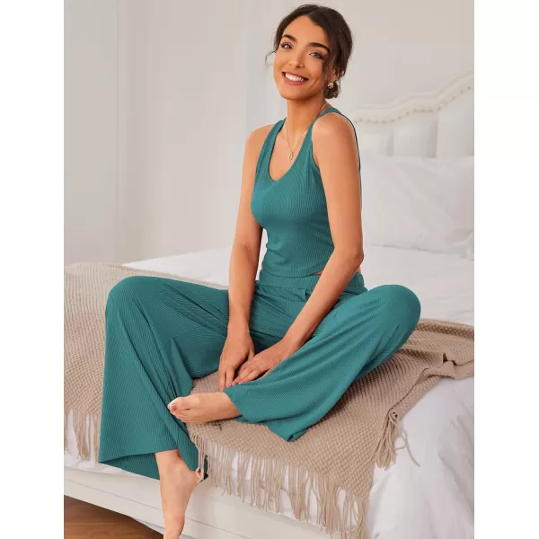 Ekouaer Womens 2 Piece Lounge Sets Ribbed Knit Crop Top Wide Leg Pants with Pockets SXXLSleeveless Dark Teal Green