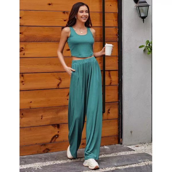 Ekouaer Womens 2 Piece Lounge Sets Ribbed Knit Crop Top Wide Leg Pants with Pockets SXXLSleeveless Dark Teal Green