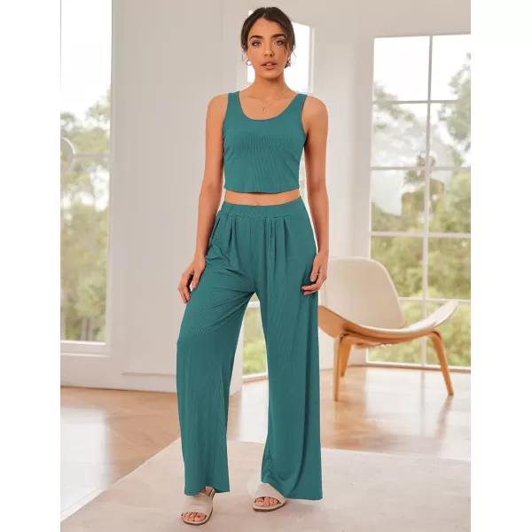 Ekouaer Womens 2 Piece Lounge Sets Ribbed Knit Crop Top Wide Leg Pants with Pockets SXXLSleeveless Dark Teal Green