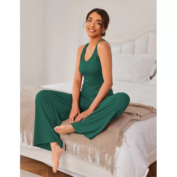 Ekouaer Womens 2 Piece Lounge Sets Ribbed Knit Crop Top Wide Leg Pants with Pockets SXXLSleeveless Evergreen