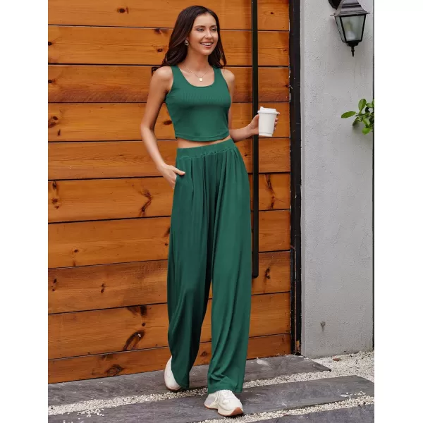 Ekouaer Womens 2 Piece Lounge Sets Ribbed Knit Crop Top Wide Leg Pants with Pockets SXXLSleeveless Evergreen