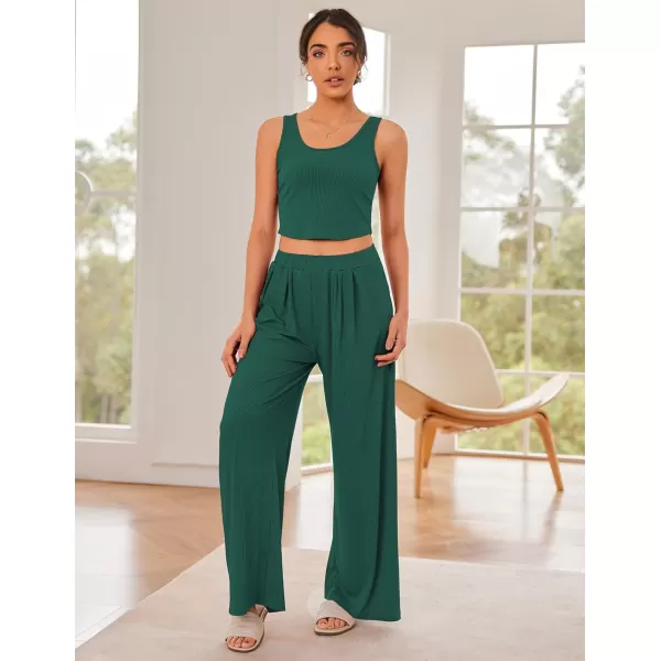 Ekouaer Womens 2 Piece Lounge Sets Ribbed Knit Crop Top Wide Leg Pants with Pockets SXXLSleeveless Evergreen