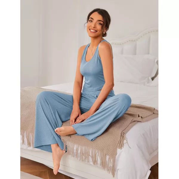 Ekouaer Womens 2 Piece Lounge Sets Ribbed Knit Crop Top Wide Leg Pants with Pockets SXXLSleeveless Light Blue