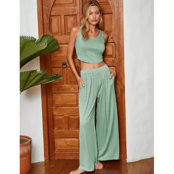 Ekouaer Womens 2 Piece Lounge Sets Ribbed Knit Crop Top Wide Leg Pants with Pockets SXXLSleeveless Light Green