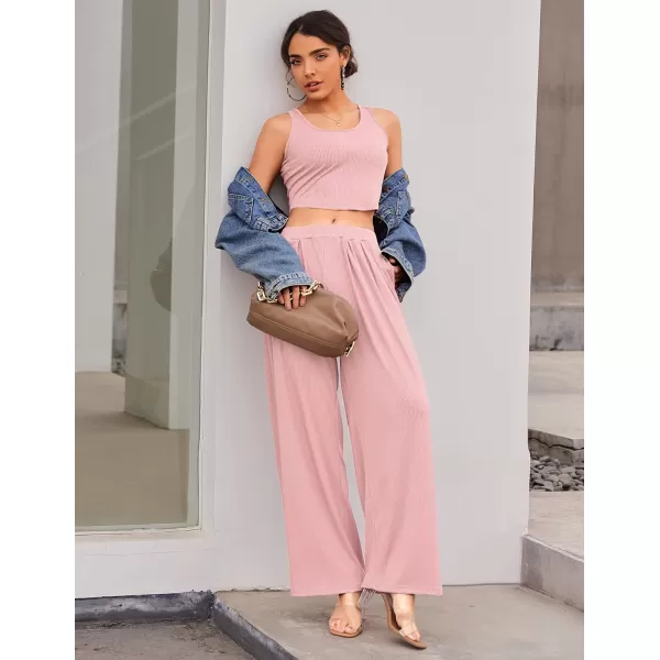 Ekouaer Womens 2 Piece Lounge Sets Ribbed Knit Crop Top Wide Leg Pants with Pockets SXXLSleeveless Light Pink