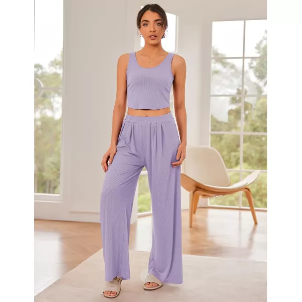 Ekouaer Womens 2 Piece Lounge Sets Ribbed Knit Crop Top Wide Leg Pants with Pockets SXXLSleeveless Lilac