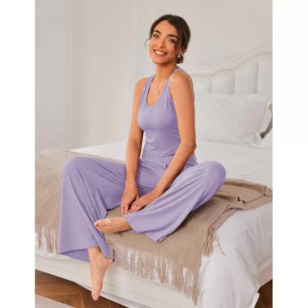 Ekouaer Womens 2 Piece Lounge Sets Ribbed Knit Crop Top Wide Leg Pants with Pockets SXXLSleeveless Lilac