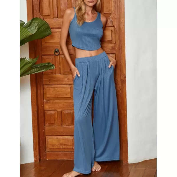 Ekouaer Womens 2 Piece Lounge Sets Ribbed Knit Crop Top Wide Leg Pants with Pockets SXXLSleeveless Navy Blue