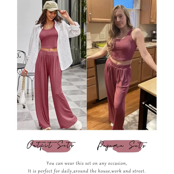 Ekouaer Womens 2 Piece Lounge Sets Ribbed Knit Crop Top Wide Leg Pants with Pockets SXXLSleeveless Old Rose