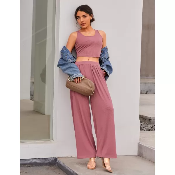 Ekouaer Womens 2 Piece Lounge Sets Ribbed Knit Crop Top Wide Leg Pants with Pockets SXXLSleeveless Old Rose