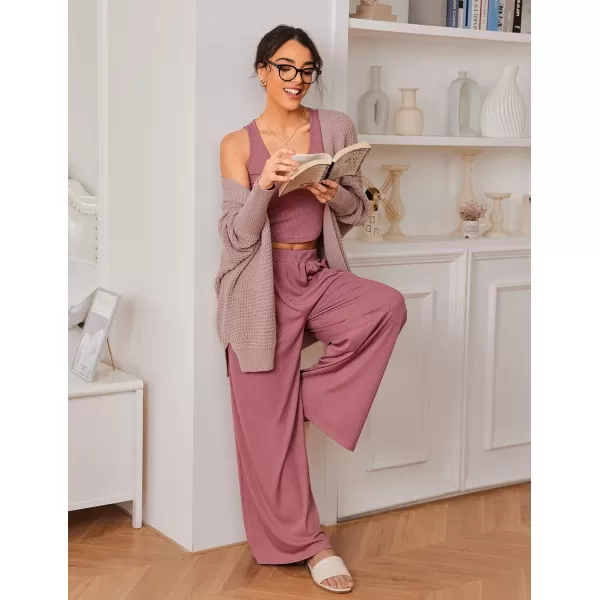 Ekouaer Womens 2 Piece Lounge Sets Ribbed Knit Crop Top Wide Leg Pants with Pockets SXXLSleeveless Old Rose
