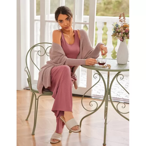 Ekouaer Womens 2 Piece Lounge Sets Ribbed Knit Crop Top Wide Leg Pants with Pockets SXXLSleeveless Old Rose