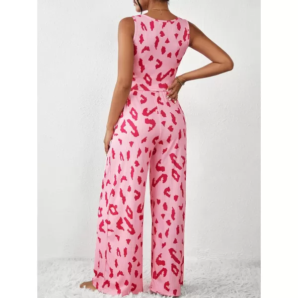 Ekouaer Womens 2 Piece Lounge Sets Ribbed Knit Crop Top Wide Leg Pants with Pockets SXXLSleeveless Pink Leopard