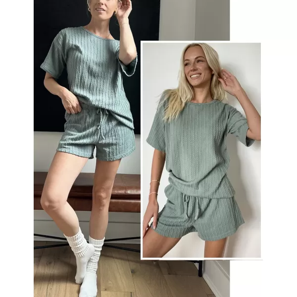 Ekouaer Womens 2 Piece Lounge Sets Ribbed Knit Matching Outfits Tshirt and Shorts Sets Sleepwear Loungewear Casual Pajamas1green