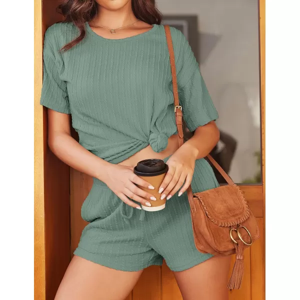 Ekouaer Womens 2 Piece Lounge Sets Ribbed Knit Matching Outfits Tshirt and Shorts Sets Sleepwear Loungewear Casual Pajamas1green