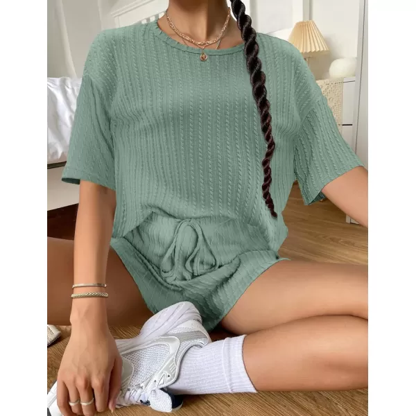 Ekouaer Womens 2 Piece Lounge Sets Ribbed Knit Matching Outfits Tshirt and Shorts Sets Sleepwear Loungewear Casual Pajamas1green