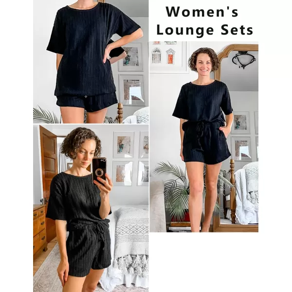 Ekouaer Womens 2 Piece Lounge Sets Ribbed Knit Matching Outfits Tshirt and Shorts Sets Sleepwear Loungewear Casual PajamasBlack