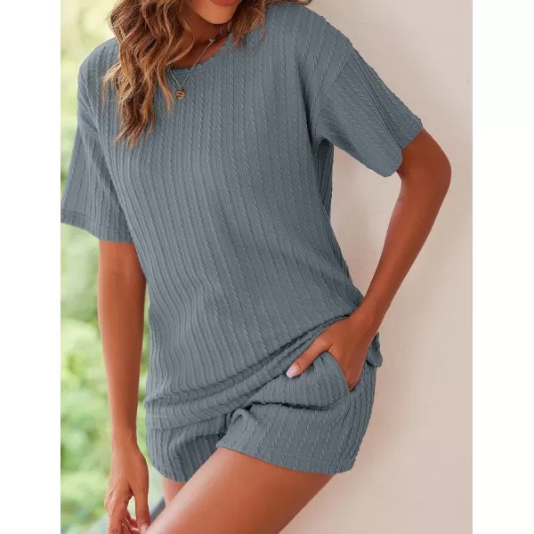 Ekouaer Womens 2 Piece Lounge Sets Ribbed Knit Matching Outfits Tshirt and Shorts Sets Sleepwear Loungewear Casual PajamasDark Blue