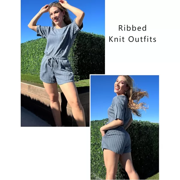 Ekouaer Womens 2 Piece Lounge Sets Ribbed Knit Matching Outfits Tshirt and Shorts Sets Sleepwear Loungewear Casual PajamasDark Blue