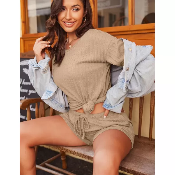 Ekouaer Womens 2 Piece Lounge Sets Ribbed Knit Matching Outfits Tshirt and Shorts Sets Sleepwear Loungewear Casual PajamasKhaki