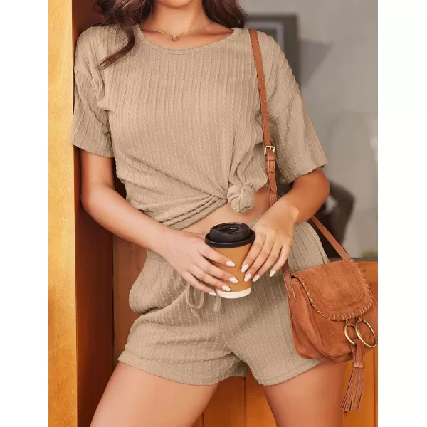 Ekouaer Womens 2 Piece Lounge Sets Ribbed Knit Matching Outfits Tshirt and Shorts Sets Sleepwear Loungewear Casual PajamasKhaki
