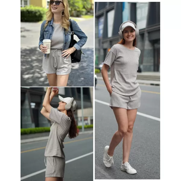 Ekouaer Womens 2 Piece Lounge Sets Ribbed Knit Matching Outfits Tshirt and Shorts Sets Sleepwear Loungewear Casual PajamasLight Grey
