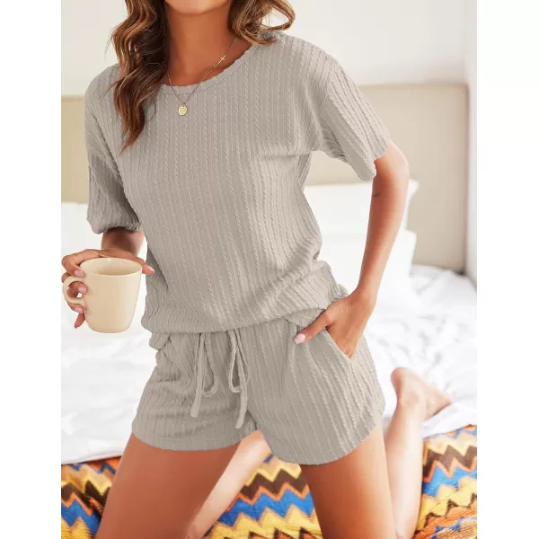 Ekouaer Womens 2 Piece Lounge Sets Ribbed Knit Matching Outfits Tshirt and Shorts Sets Sleepwear Loungewear Casual PajamasLight Grey