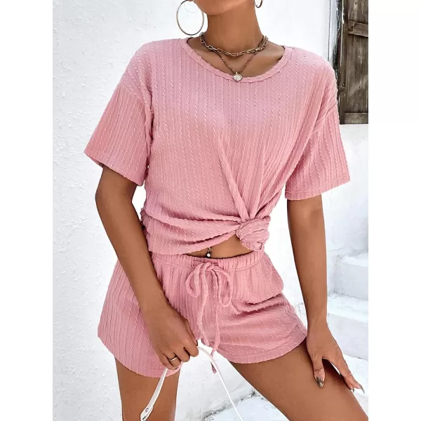 Ekouaer Womens 2 Piece Lounge Sets Ribbed Knit Matching Outfits Tshirt and Shorts Sets Sleepwear Loungewear Casual PajamasPink