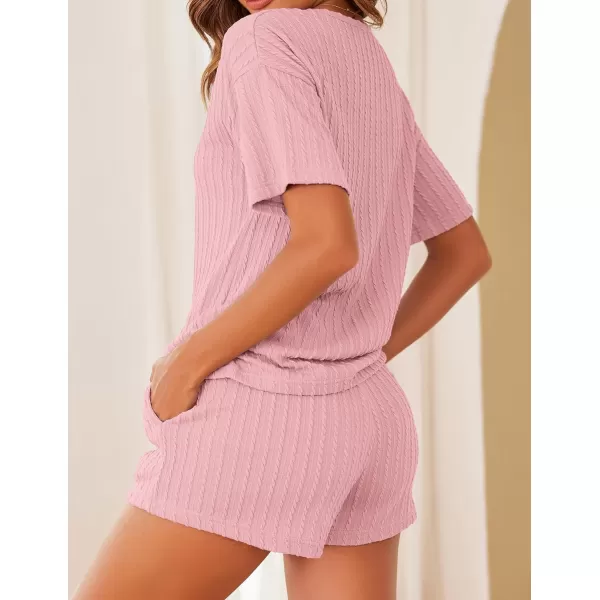 Ekouaer Womens 2 Piece Lounge Sets Ribbed Knit Matching Outfits Tshirt and Shorts Sets Sleepwear Loungewear Casual PajamasPink
