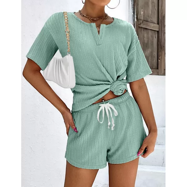 Ekouaer Womens 2 Piece Lounge Sets Ribbed Knit Pajama Tops Sleepwear Sweatsuits Matching Shorts with Pockets01 Green