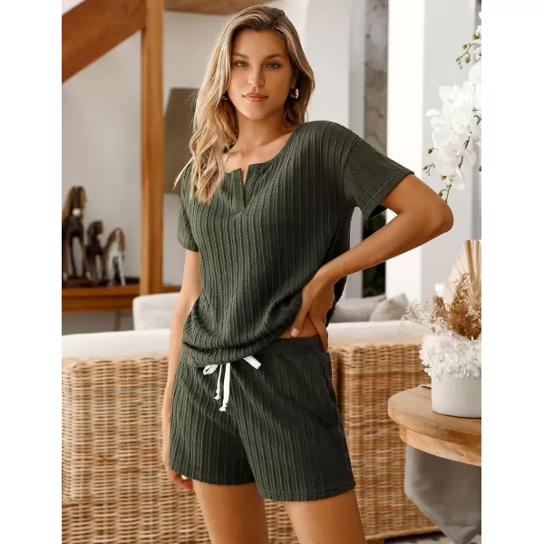 Ekouaer Womens 2 Piece Lounge Sets Ribbed Knit Pajama Tops Sleepwear Sweatsuits Matching Shorts with PocketsDeep Army Green