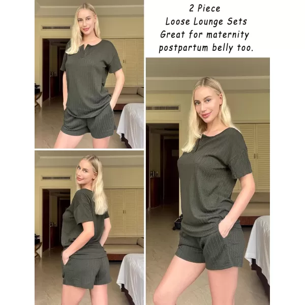 Ekouaer Womens 2 Piece Lounge Sets Ribbed Knit Pajama Tops Sleepwear Sweatsuits Matching Shorts with PocketsDeep Army Green