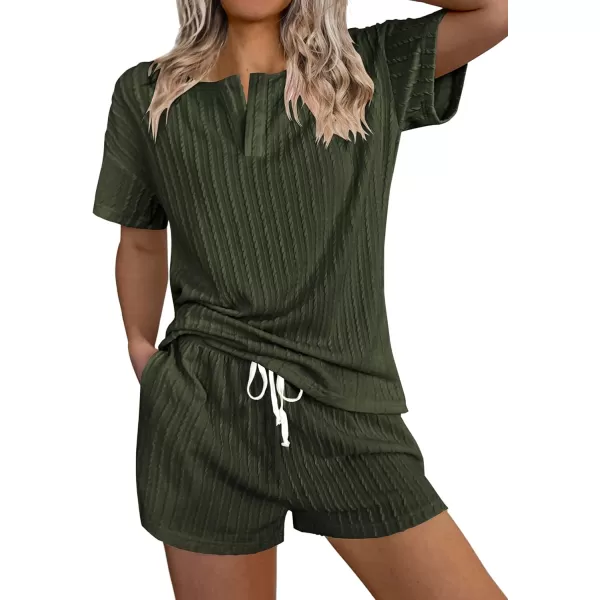 Ekouaer Womens 2 Piece Lounge Sets Ribbed Knit Pajama Tops Sleepwear Sweatsuits Matching Shorts with PocketsDeep Army Green