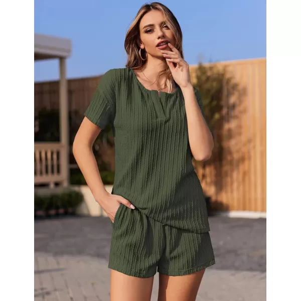 Ekouaer Womens 2 Piece Lounge Sets Ribbed Knit Pajama Tops Sleepwear Sweatsuits Matching Shorts with PocketsDeep Army Green