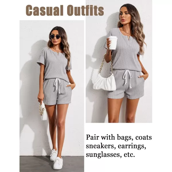 Ekouaer Womens 2 Piece Lounge Sets Ribbed Knit Pajama Tops Sleepwear Sweatsuits Matching Shorts with PocketsGrey