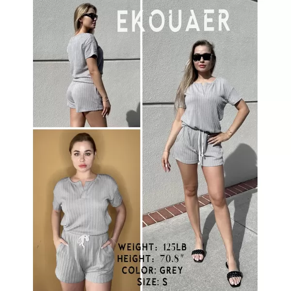 Ekouaer Womens 2 Piece Lounge Sets Ribbed Knit Pajama Tops Sleepwear Sweatsuits Matching Shorts with PocketsGrey