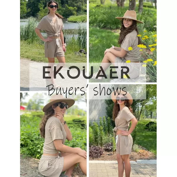 Ekouaer Womens 2 Piece Lounge Sets Ribbed Knit Pajama Tops Sleepwear Sweatsuits Matching Shorts with PocketsKhaki