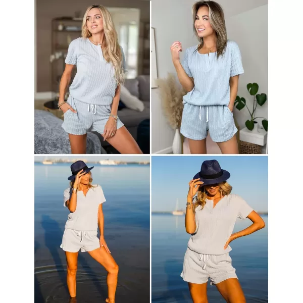 Ekouaer Womens 2 Piece Lounge Sets Ribbed Knit Pajama Tops Sleepwear Sweatsuits Matching Shorts with PocketsLight Blue