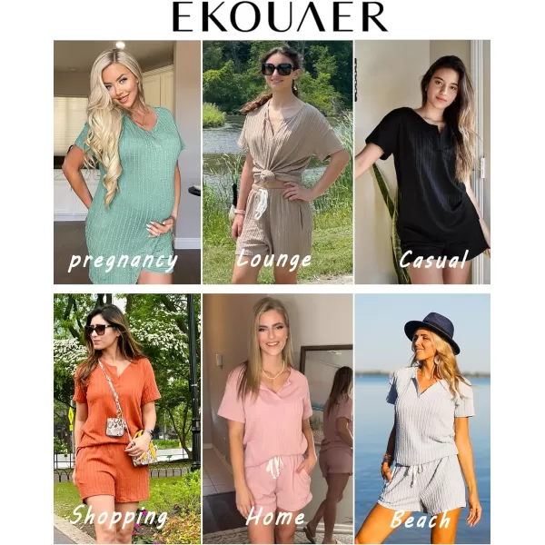 Ekouaer Womens 2 Piece Lounge Sets Ribbed Knit Pajama Tops Sleepwear Sweatsuits Matching Shorts with PocketsPink