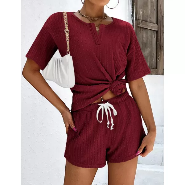 Ekouaer Womens 2 Piece Lounge Sets Ribbed Knit Pajama Tops Sleepwear Sweatsuits Matching Shorts with PocketsWine Red