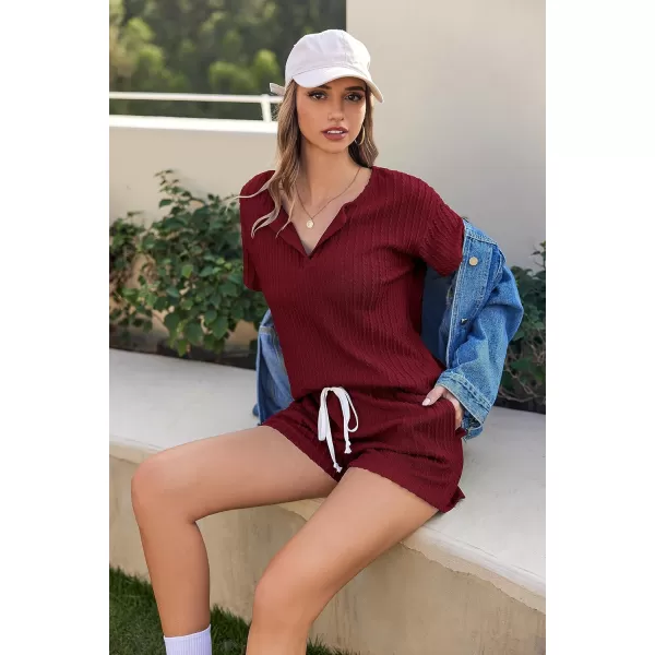 Ekouaer Womens 2 Piece Lounge Sets Ribbed Knit Pajama Tops Sleepwear Sweatsuits Matching Shorts with PocketsWine Red