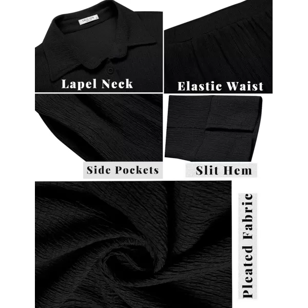 Ekouaer Womens 2 Piece Outfits Long Sleeve Button Down Shirt and Pants Matching Sets Loose Casual Loungewear with PocketsBlack
